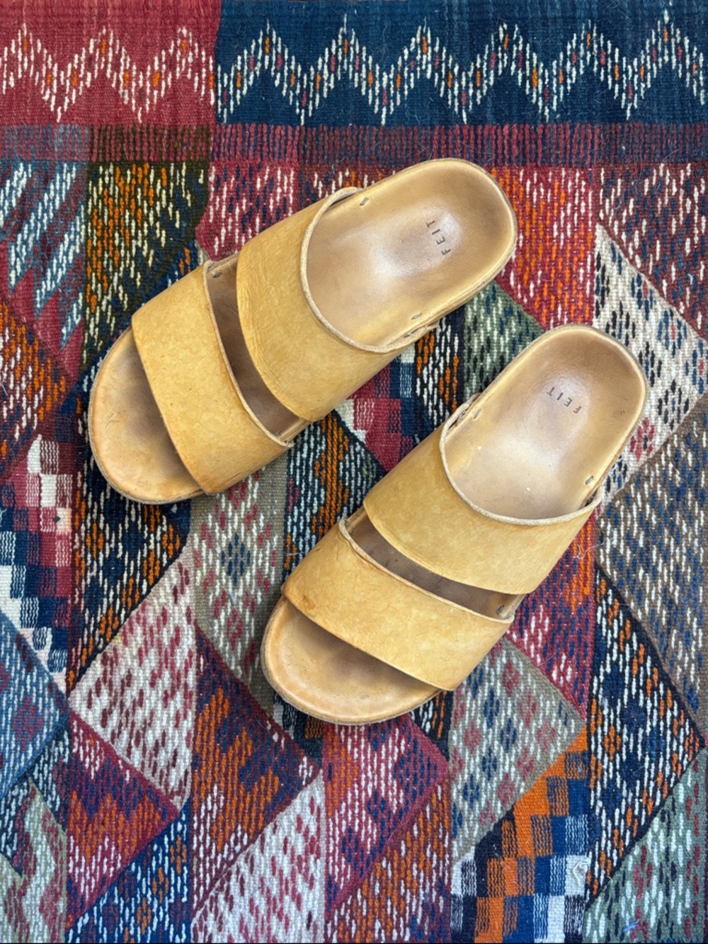FEIT Mustard Suede Double-Strap Slide Sandals with Brown Accent